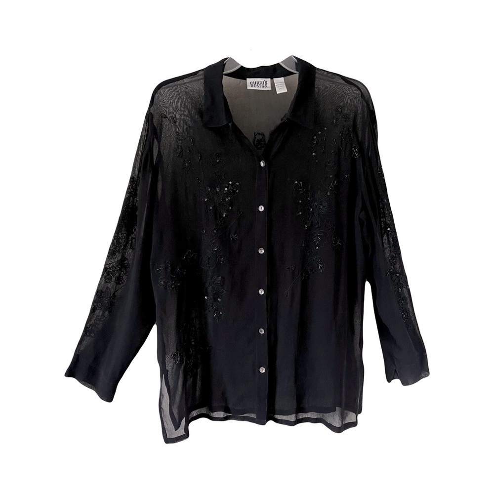 Chico’s Design | Black Sheer Sequined Beaded Floral Blouse, Size 2 (Large)
